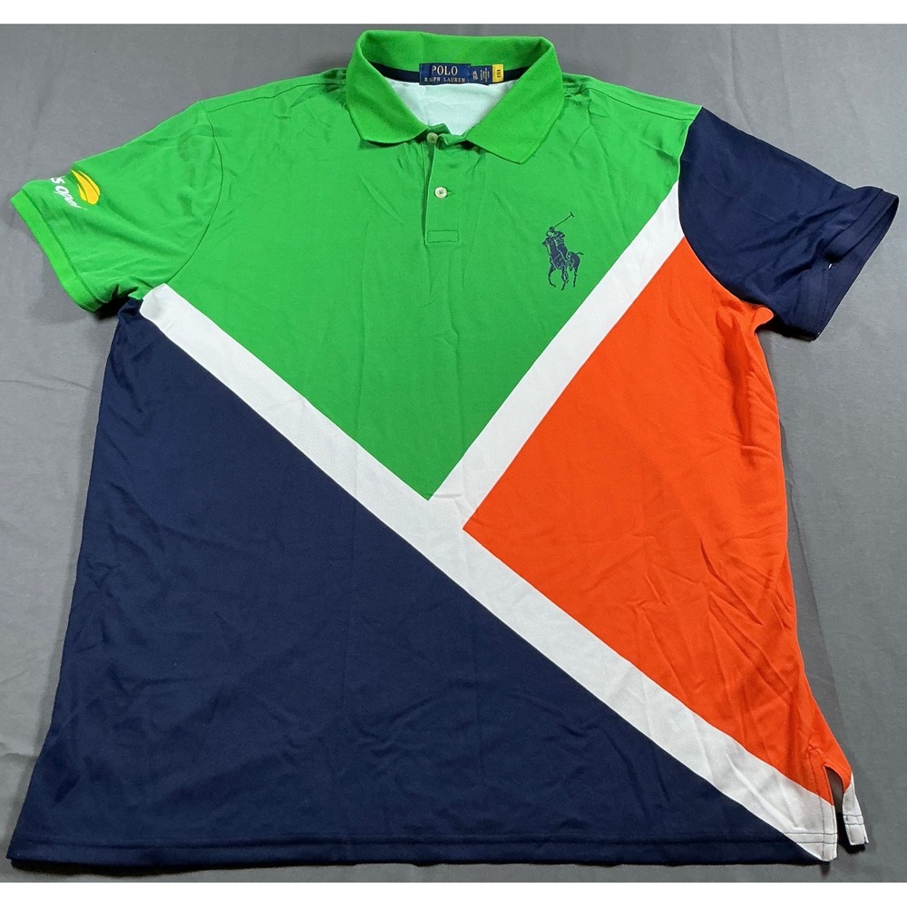 Polo Ralph Lauren US Open Big Pony Colorblock Polo Shirt Green Orange Mens XL